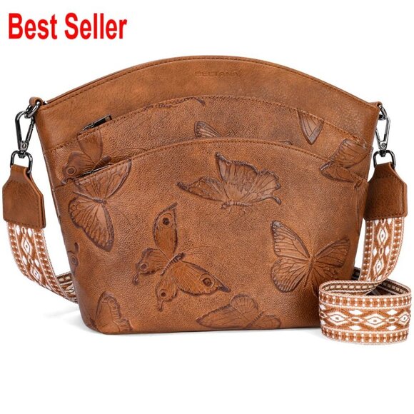 Handbags - PU Leather Crossbody Bag with Butterfly Design, Adjustable Strap